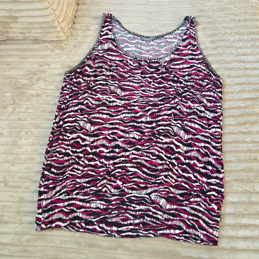 Daisy Fuentes XL Tank Top Rayon Magenta Black White Zebra Stripe Scoop Neck Camo